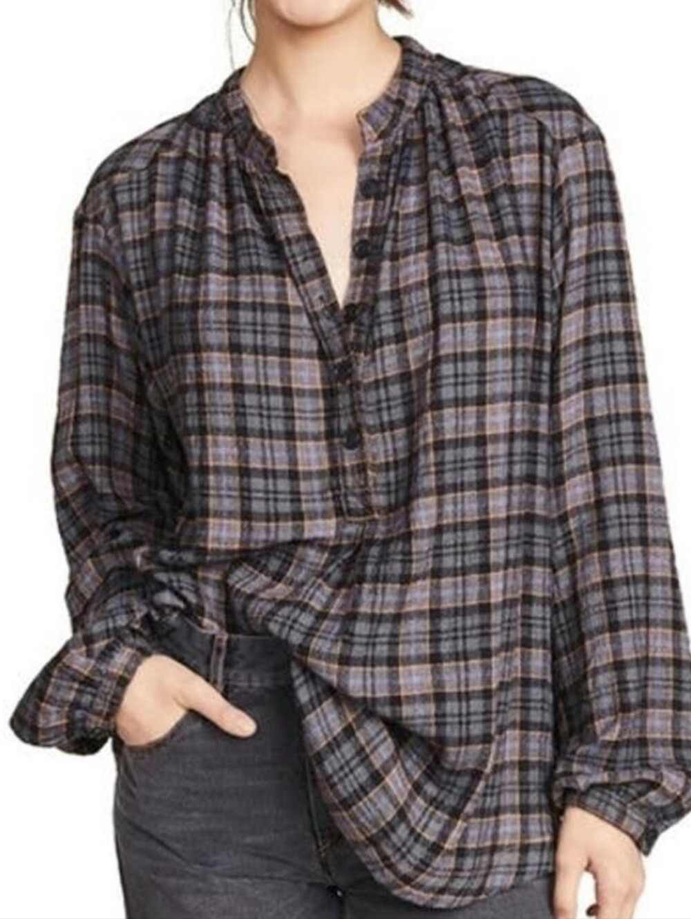 Free People Northern Bound Plaid Button Henley Blouse Cotton Blend
